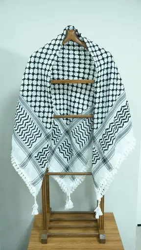 الكوفية الفلسطينية الفلاحية الأصلية شماغ أبيض وأسود بشراشيب